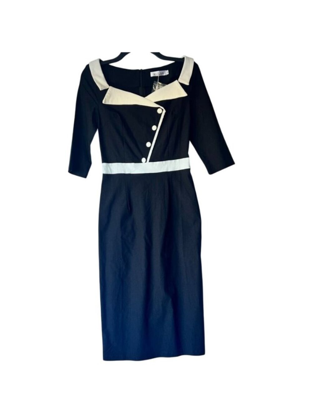 MUXXN Retro-Inspired Womens Black & White Midi Dress 3/4 Sleeves Size M
